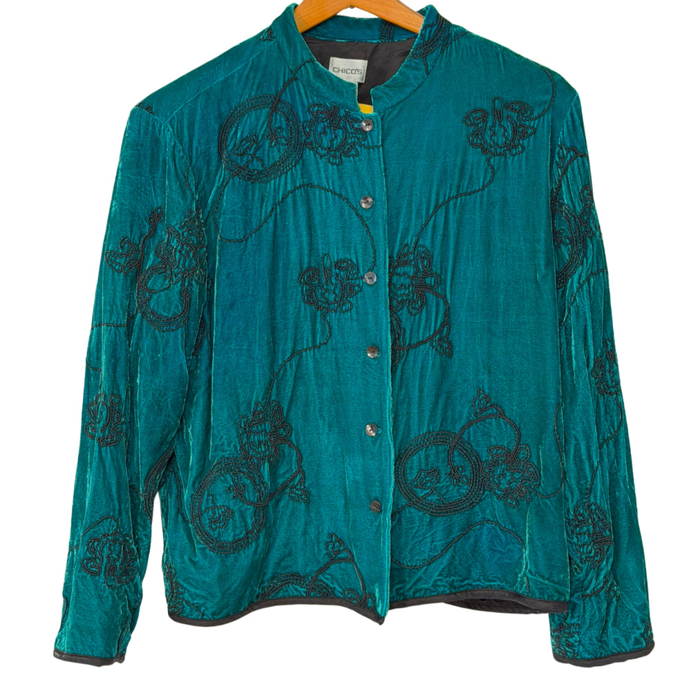 Chico's Sz 2 L Embroidered Button Front Jacket Silk Blend Velvet Aqua Green